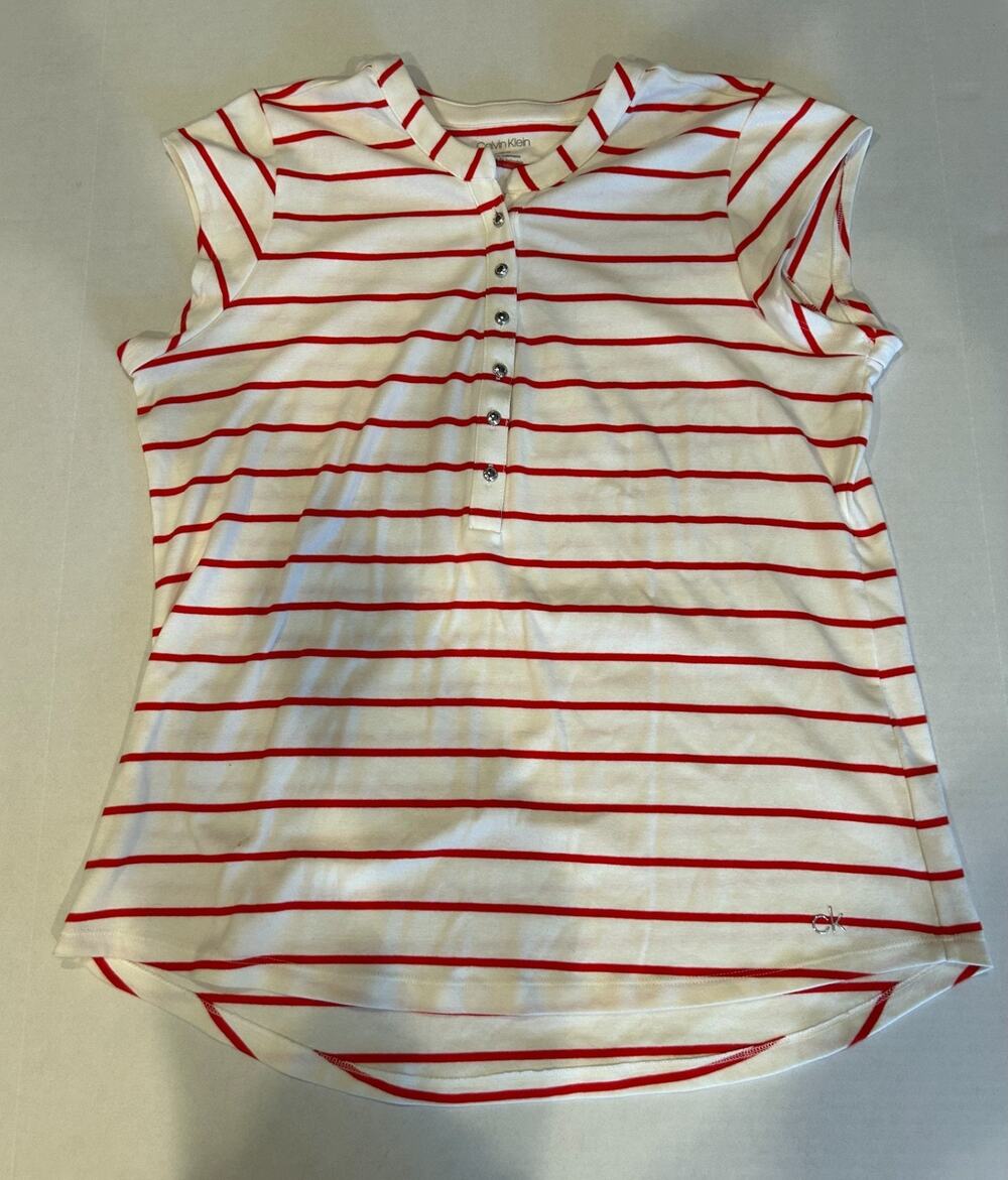 Calvin Klein Polo Shirt Womens Large Red White Striped Short Sleeve